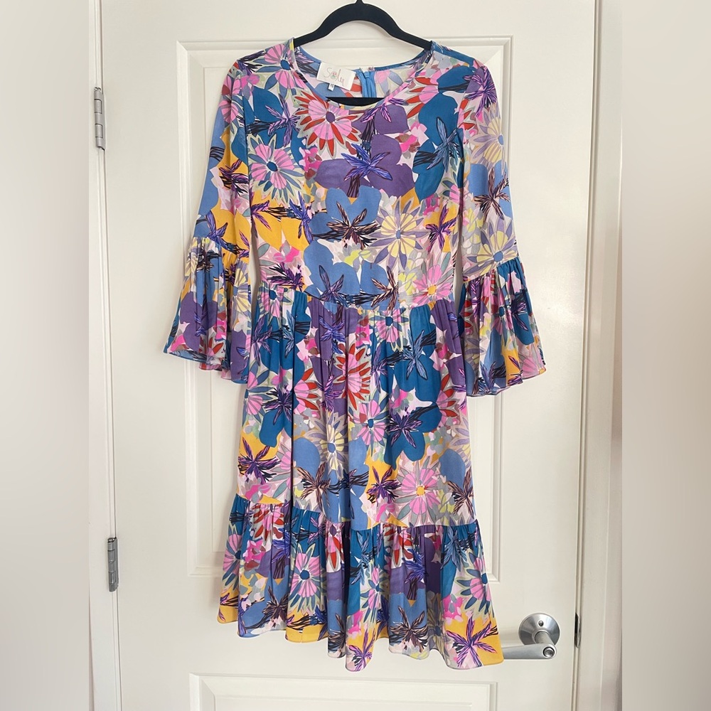 Soler Silk Floral Peasant Midi‎ midi Dress floral 100% silk